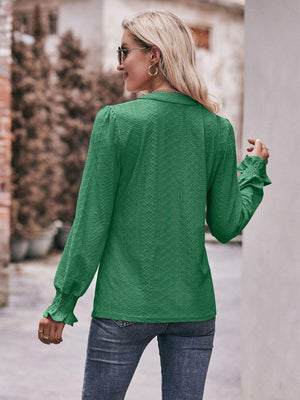 Fabulous Eyelet Notched Neck Long Sleeve Blouse - MXSTUDIO.COM