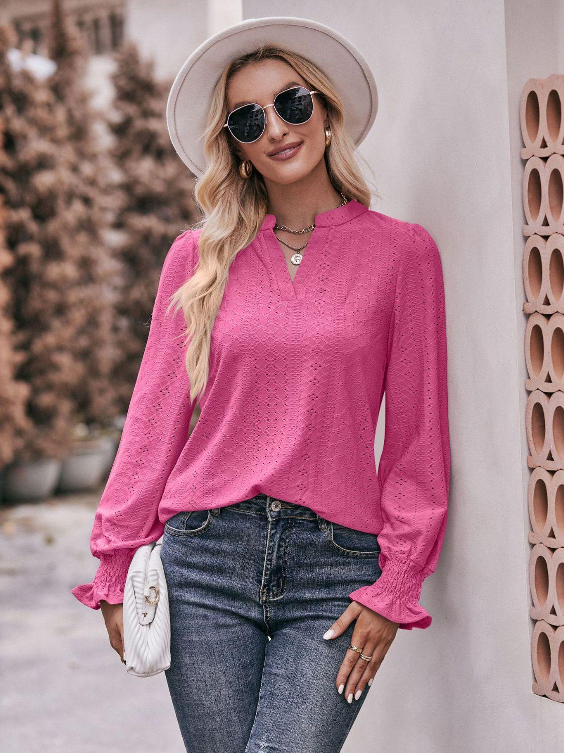 Fabulous Eyelet Notched Neck Long Sleeve Blouse - MXSTUDIO.COM