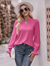 Fabulous Eyelet Notched Neck Long Sleeve Blouse - MXSTUDIO.COM