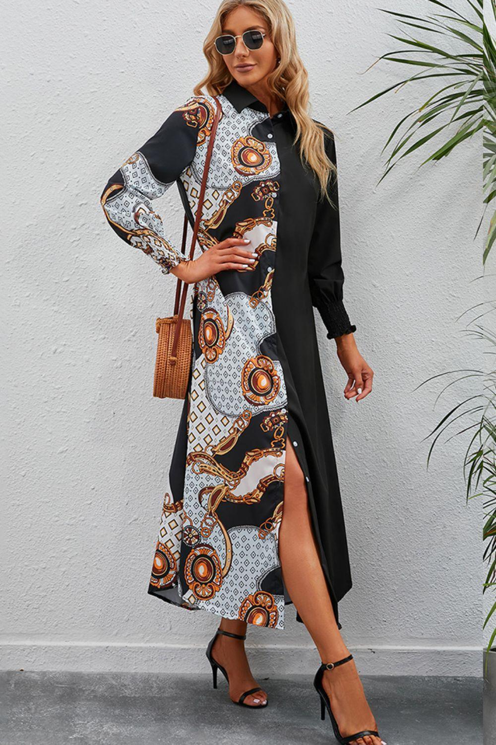 Fabulous Piece Long Sleeve Collared Midi Dress - MXSTUDIO.COM