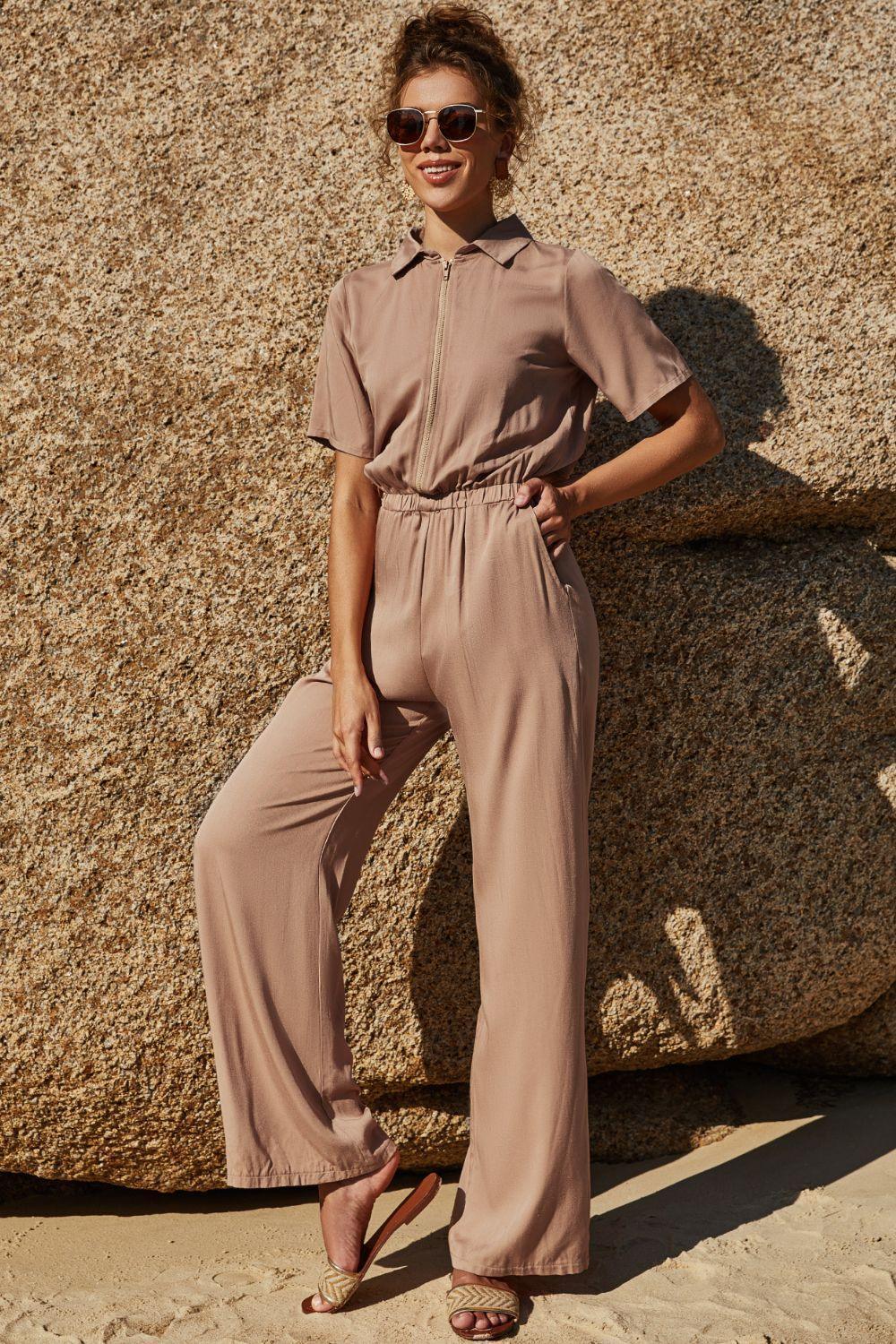 Fabulous Short Sleeve Women's Tan Jumpsuit - MXSTUDIO.COM