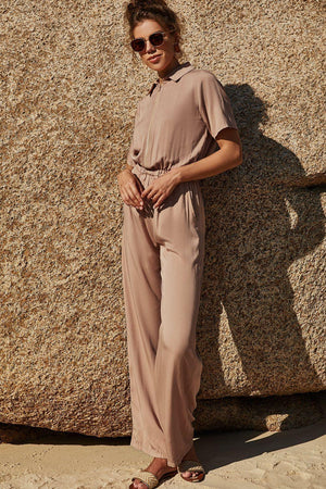 Fabulous Short Sleeve Women's Tan Jumpsuit - MXSTUDIO.COM