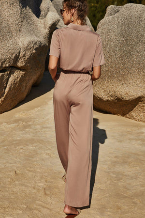 Fabulous Short Sleeve Women's Tan Jumpsuit - MXSTUDIO.COM