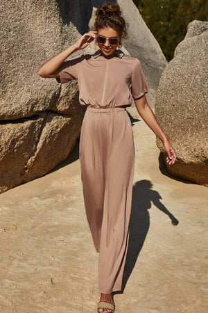 Fabulous Short Sleeve Women's Tan Jumpsuit - MXSTUDIO.COM