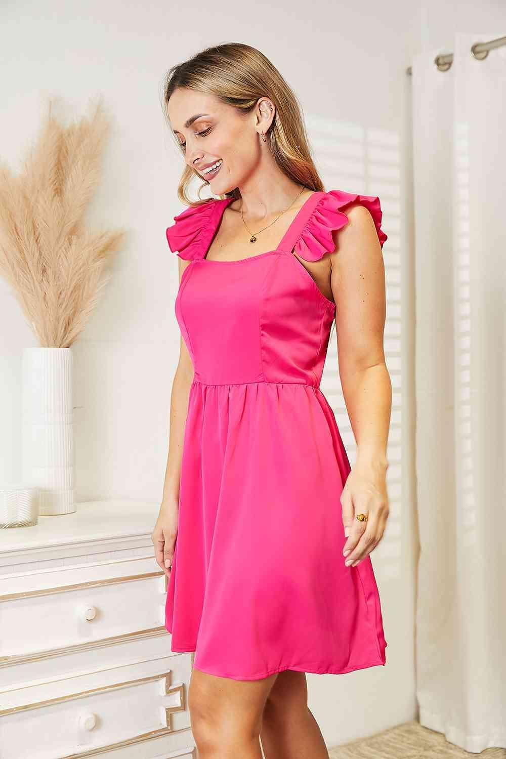 Fabulous Square Neck Hot Pink Mini Dress - MXSTUDIO.COM