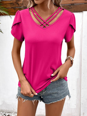 Faithful Strappy V-Neck Petal Sleeve Blouse - MXSTUDIO.COM