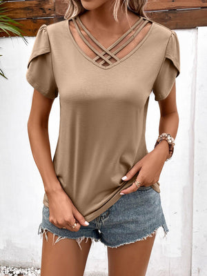 Faithful Strappy V-Neck Petal Sleeve Blouse - MXSTUDIO.COM