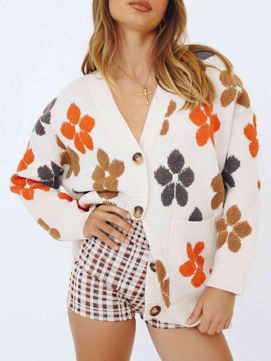 Fall Aesthetic Button Up White Floral Cardigan-MXSTUDIO.COM