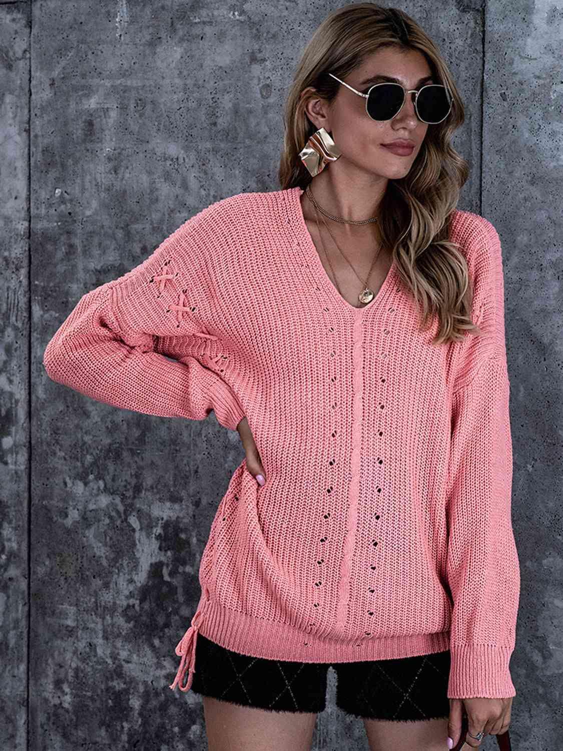 Fall Beauty V-Neck Lace-Up Sweater - MXSTUDIO.COM