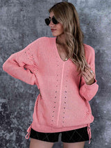 Fall Beauty V-Neck Lace-Up Sweater - MXSTUDIO.COM