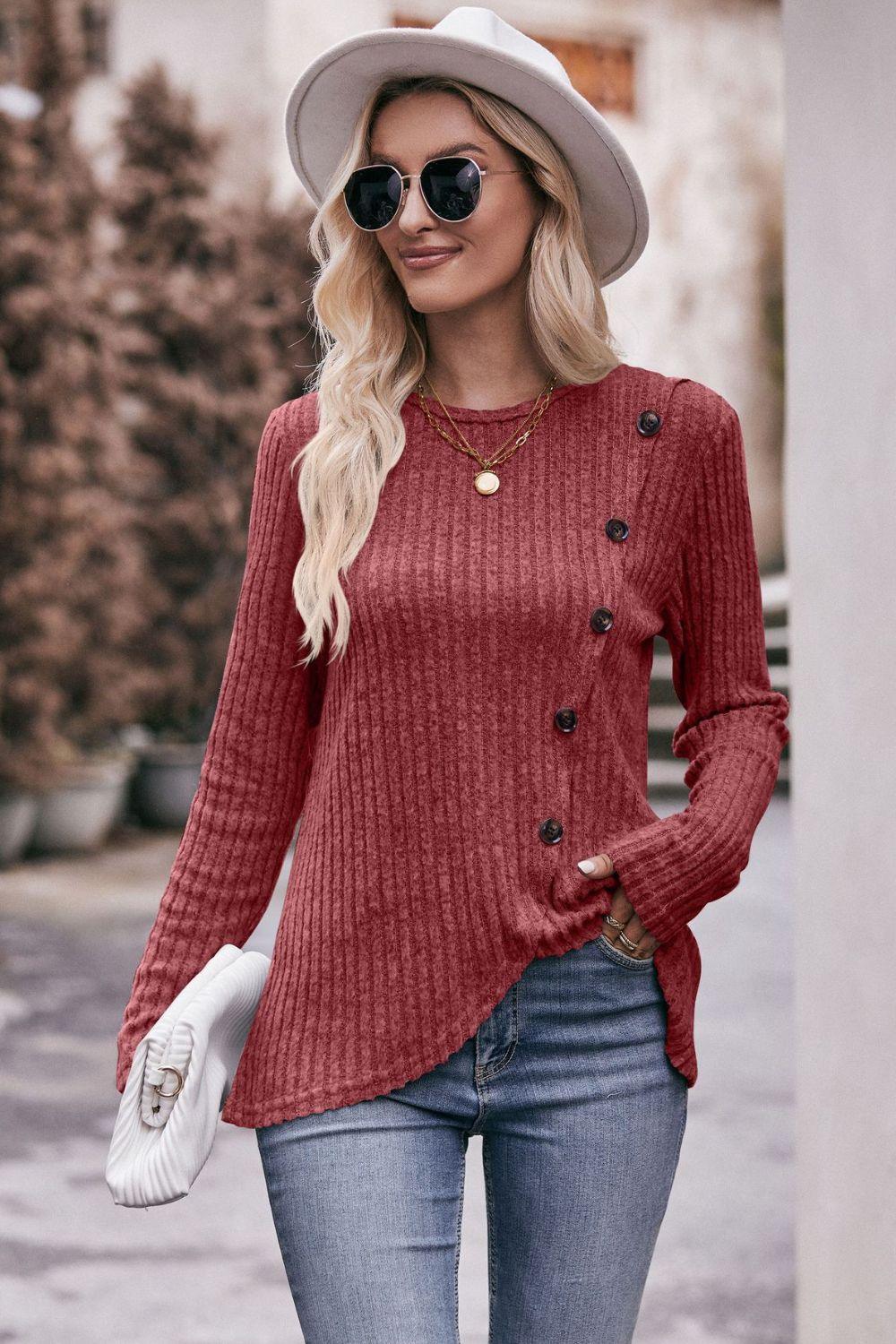 Fall Chick Buttoned Ribbed Long Sleeve Top - MXSTUDIO.COM