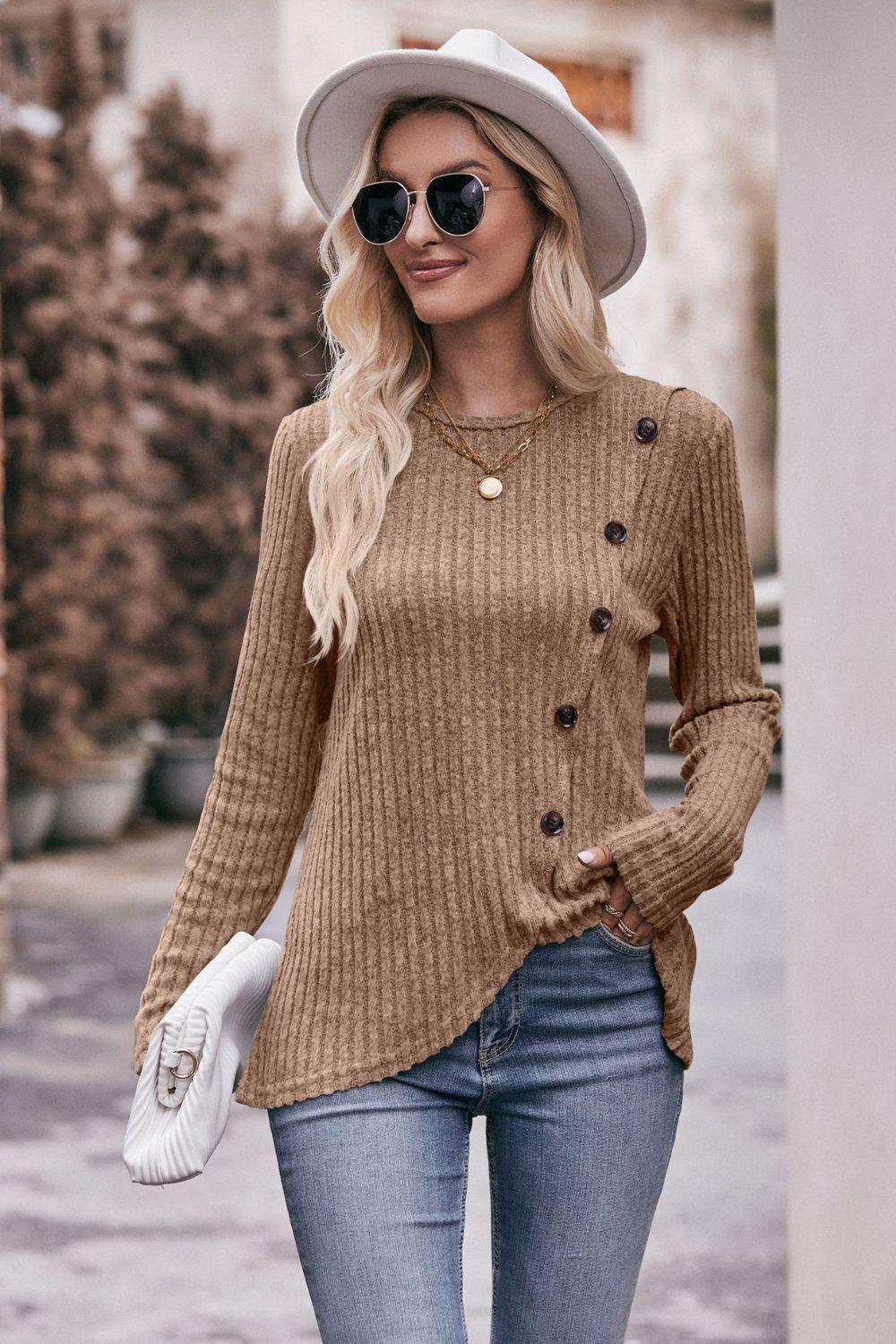 Fall Chick Buttoned Ribbed Long Sleeve Top - MXSTUDIO.COM