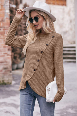 Fall Chick Buttoned Ribbed Long Sleeve Top - MXSTUDIO.COM