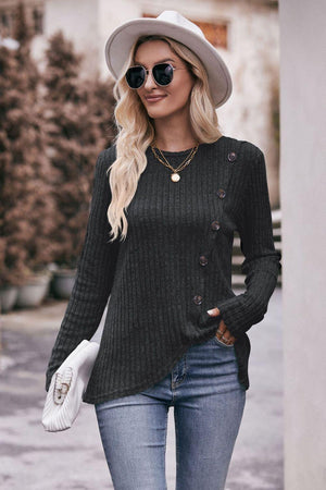 Fall Chick Buttoned Ribbed Long Sleeve Top - MXSTUDIO.COM