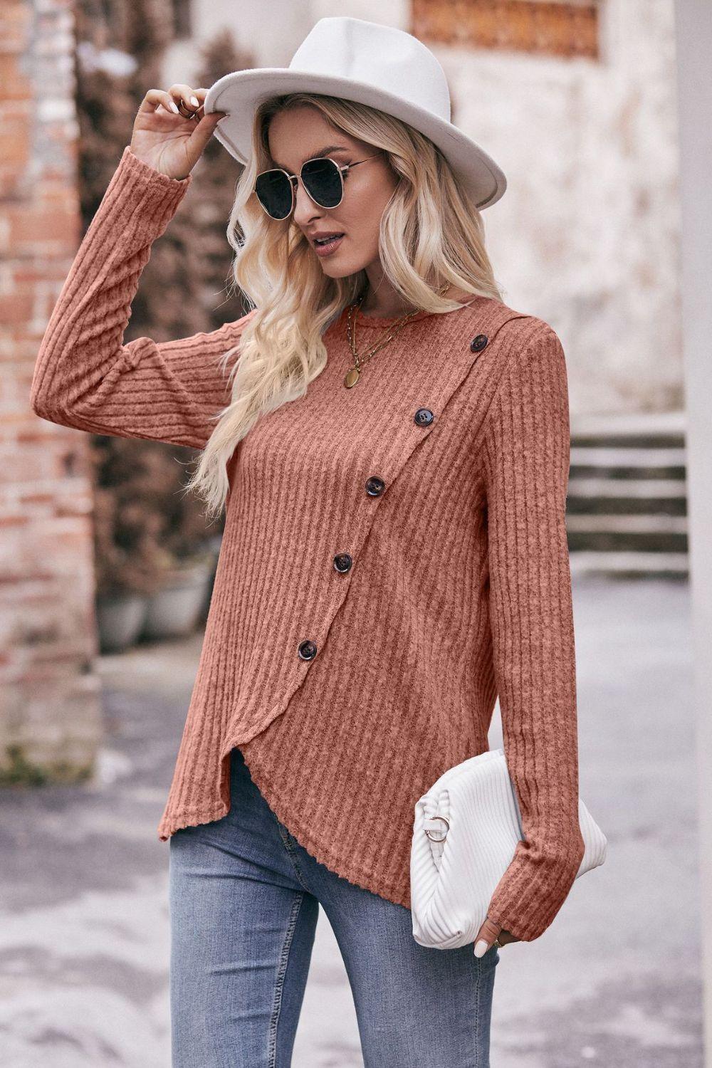 Fall Chick Buttoned Ribbed Long Sleeve Top - MXSTUDIO.COM