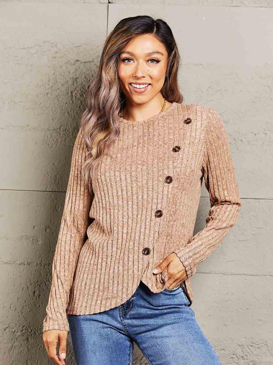 Fall Chick Buttoned Ribbed Long Sleeve Top - MXSTUDIO.COM