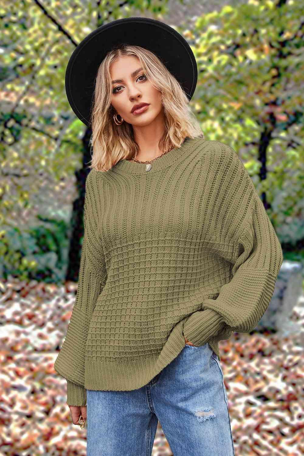 Fall Comfort Crew Neck Lantern Sleeve Sweater-MXSTUDIO.COM