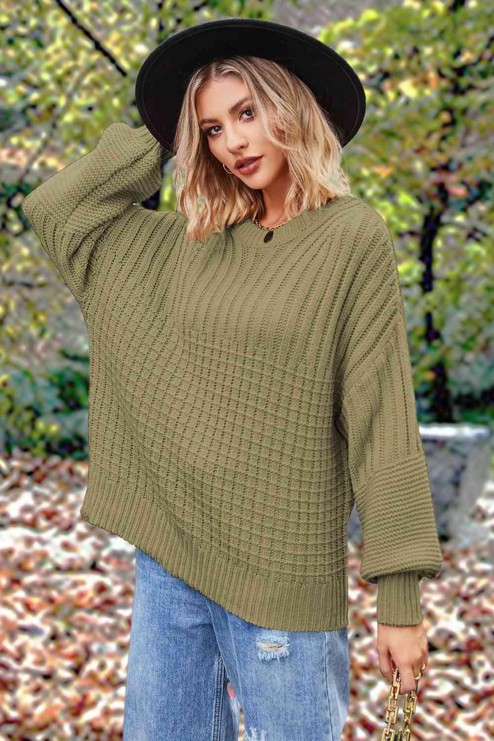 Fall Comfort Crew Neck Lantern Sleeve Sweater-MXSTUDIO.COM