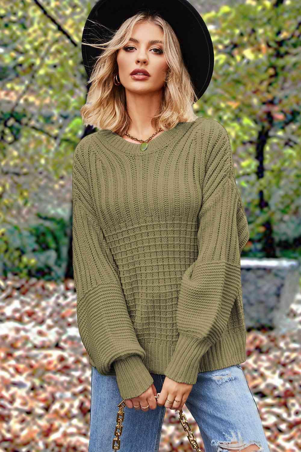 Fall Comfort Crew Neck Lantern Sleeve Sweater-MXSTUDIO.COM