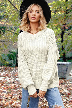 Fall Comfort Crew Neck Lantern Sleeve Sweater-MXSTUDIO.COM