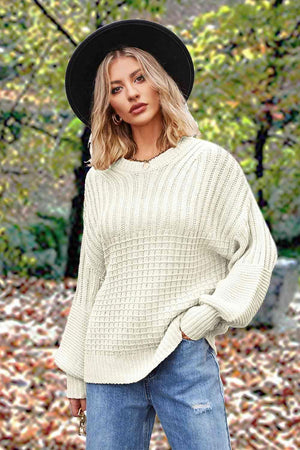 Fall Comfort Crew Neck Lantern Sleeve Sweater-MXSTUDIO.COM