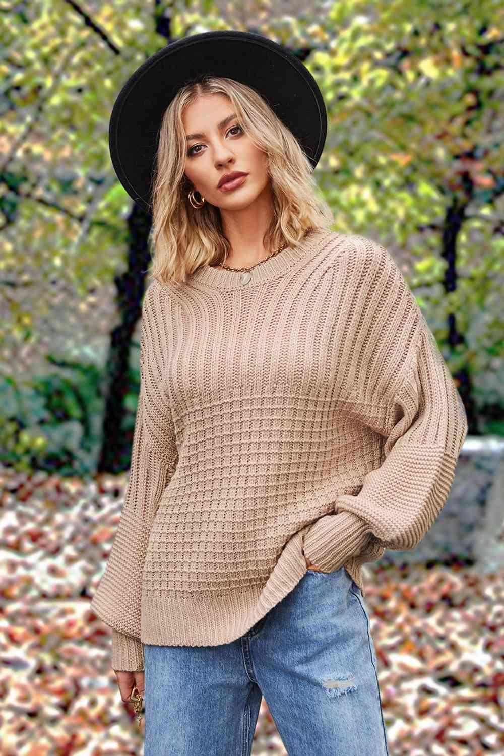 Fall Comfort Crew Neck Lantern Sleeve Sweater-MXSTUDIO.COM