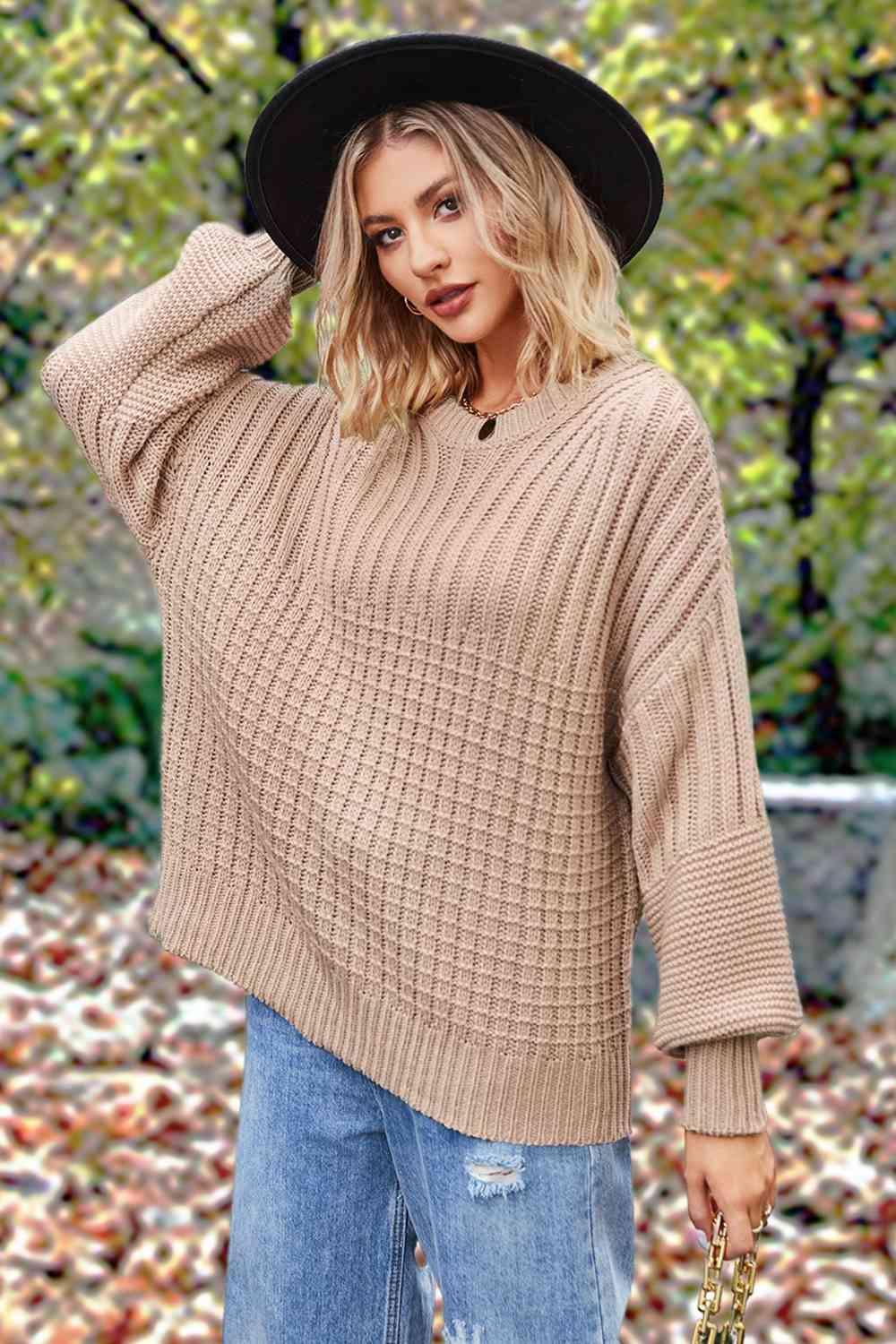 Fall Comfort Crew Neck Lantern Sleeve Sweater-MXSTUDIO.COM