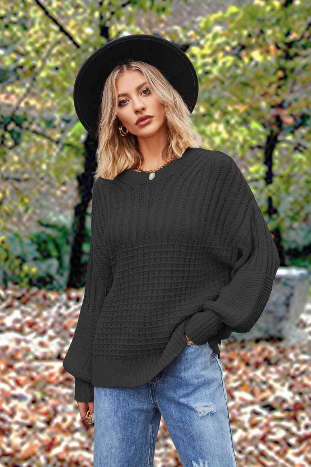 Fall Comfort Crew Neck Lantern Sleeve Sweater-MXSTUDIO.COM