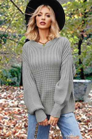 Fall Comfort Crew Neck Lantern Sleeve Sweater-MXSTUDIO.COM