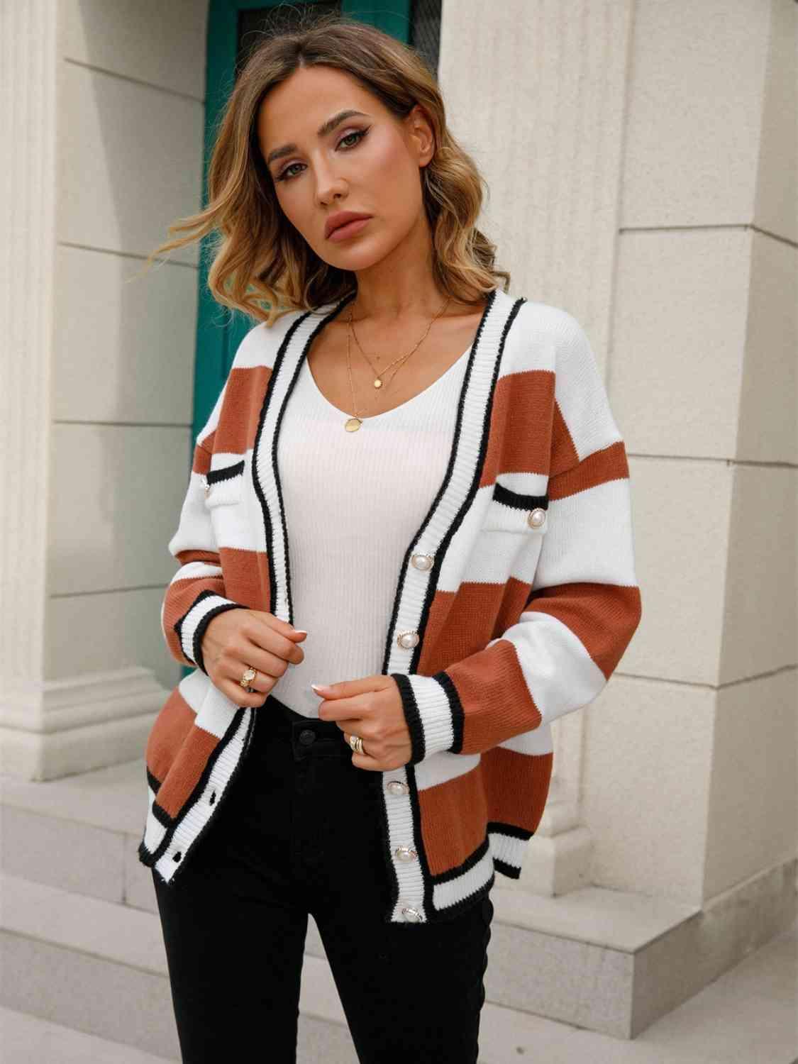 Fall Confidence Button Down Striped Cardigan - MXSTUDIO.COM