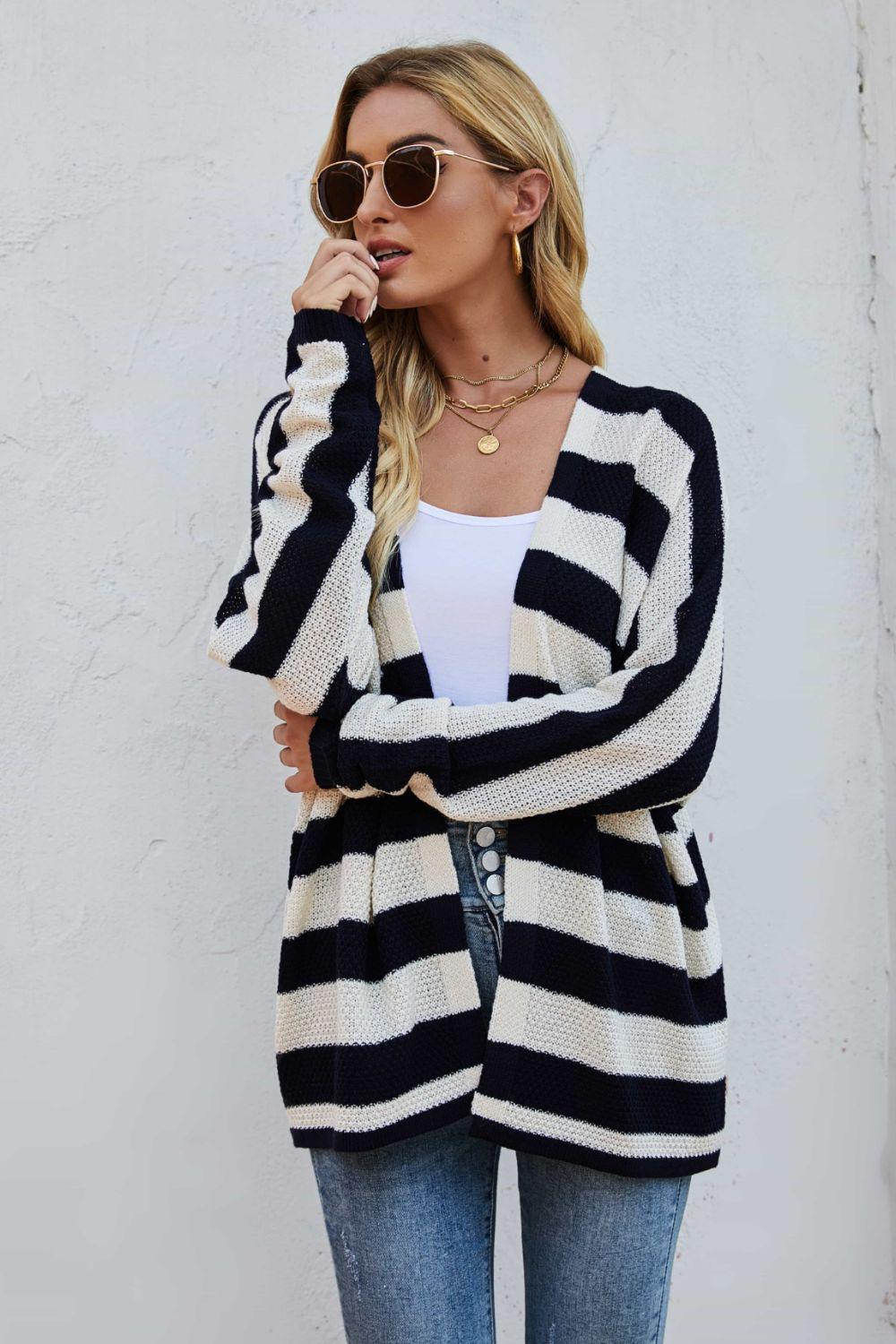 Fall Delight Striped Dolman Sleeve Open Front Cardigan - MXSTUDIO.COM