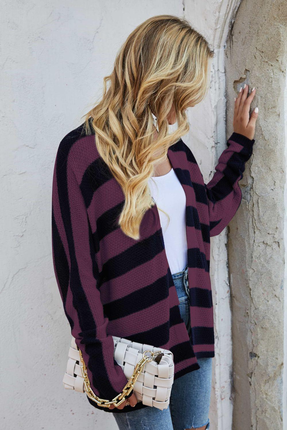 Fall Delight Striped Dolman Sleeve Open Front Cardigan - MXSTUDIO.COM