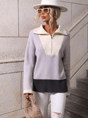 Fall Extravagance Color Block Half Zip Sweater - MXSTUDIO.COM