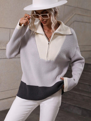 Fall Extravagance Color Block Half Zip Sweater - MXSTUDIO.COM