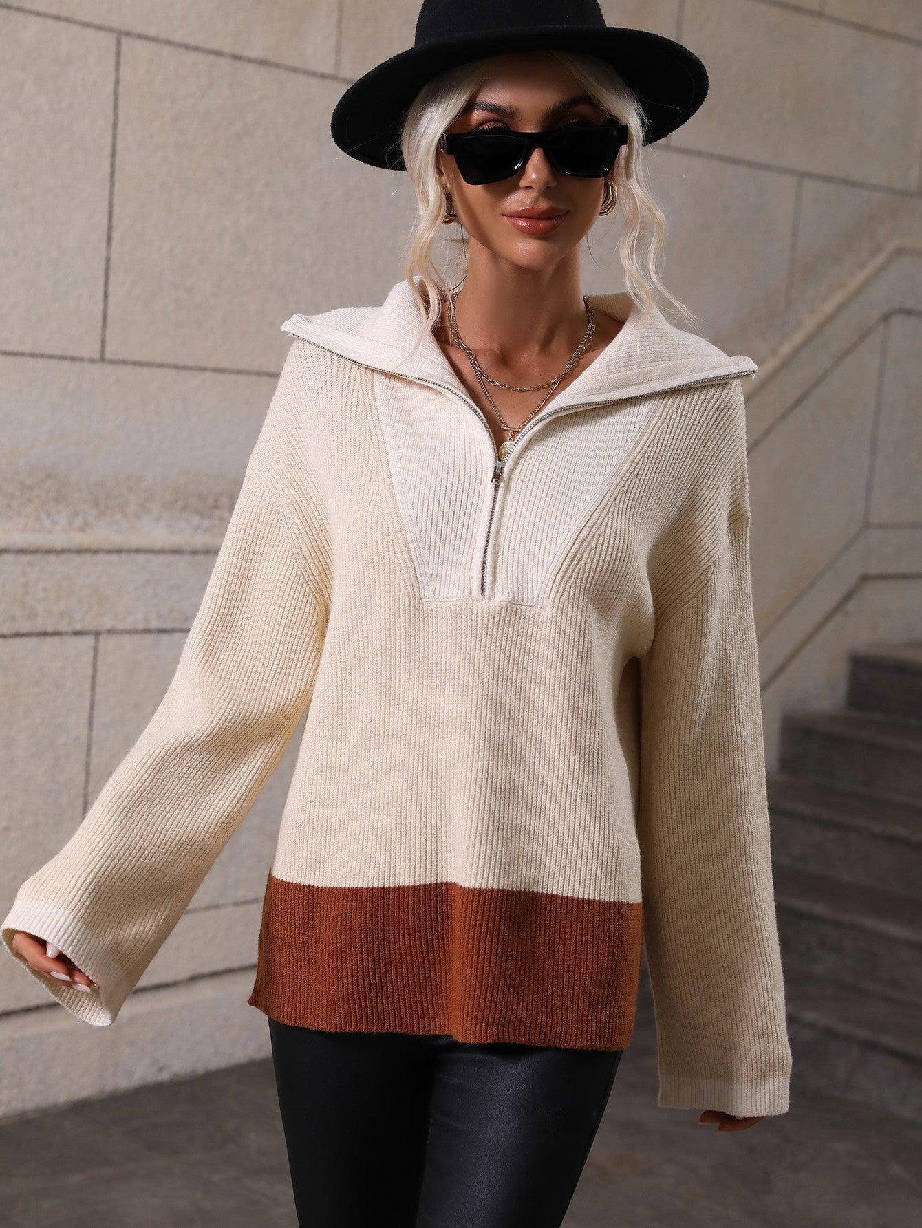 Fall Extravagance Color Block Half Zip Sweater - MXSTUDIO.COM