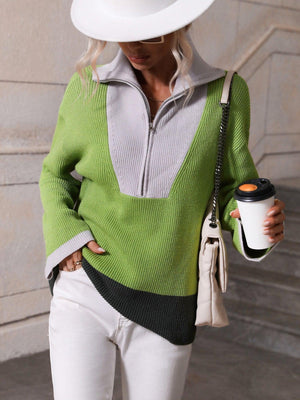 Fall Extravagance Color Block Half Zip Sweater - MXSTUDIO.COM