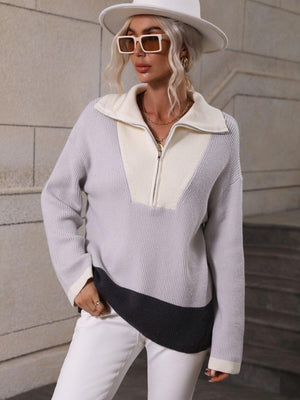 Fall Extravagance Color Block Half Zip Sweater - MXSTUDIO.COM