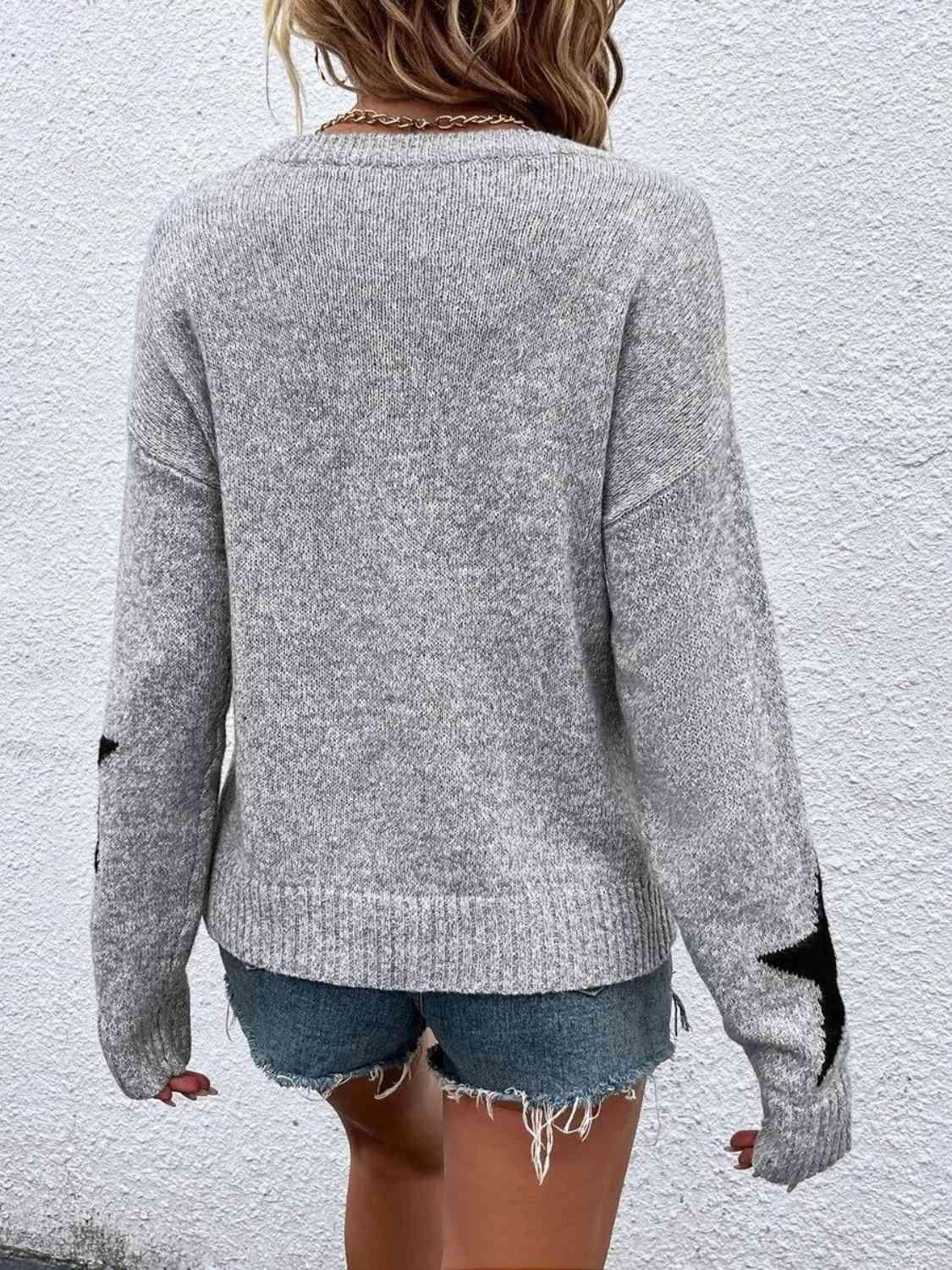 Fall Favorite Gray Pullover Star Sweater-MXSTUDIO.COM