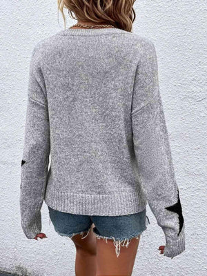 Fall Favorite Gray Pullover Star Sweater-MXSTUDIO.COM