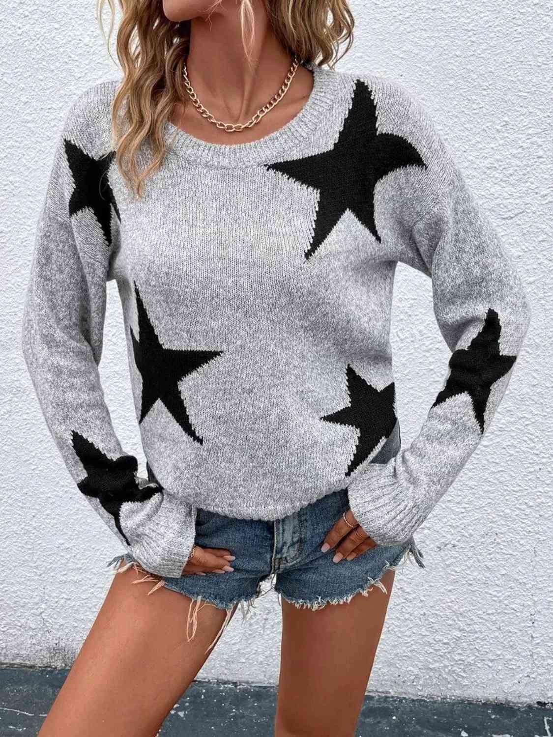 Fall Favorite Gray Pullover Star Sweater-MXSTUDIO.COM