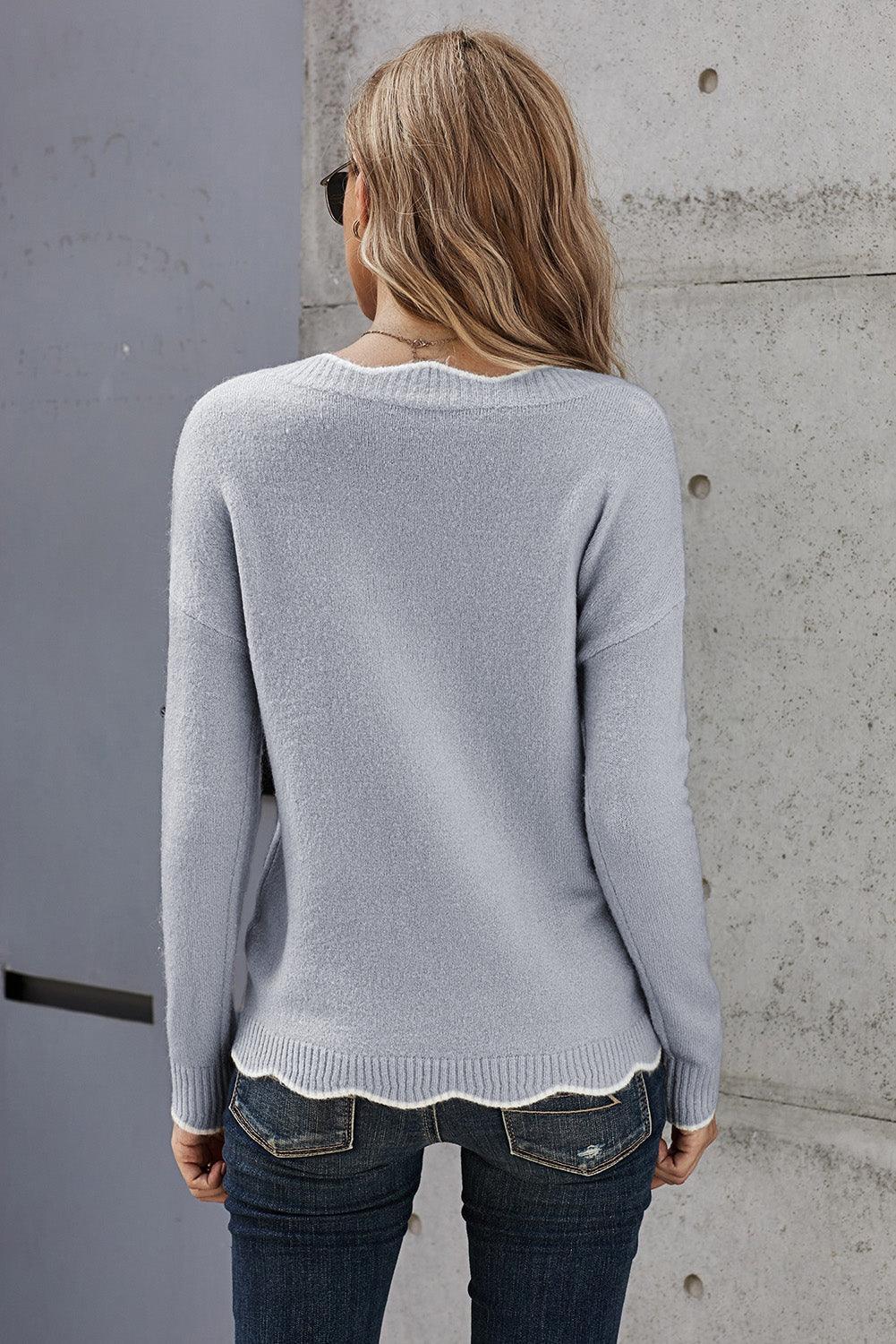 Fall Favorite Scalloped Trim Gray V Neck Sweater - MXSTUDIO.COM