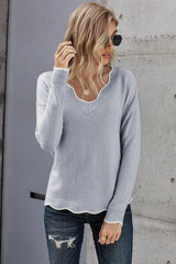 Fall Favorite Scalloped Trim Gray V Neck Sweater - MXSTUDIO.COM