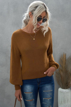 Fall Flair Tie Open Back Balloon Sleeve Sweater - MXSTUDIO.COM