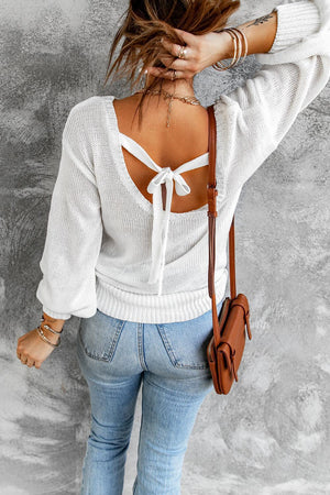 Fall Flair Tie Open Back Balloon Sleeve Sweater - MXSTUDIO.COM