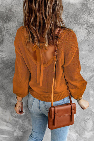 Fall Flair Tie Open Back Balloon Sleeve Sweater - MXSTUDIO.COM