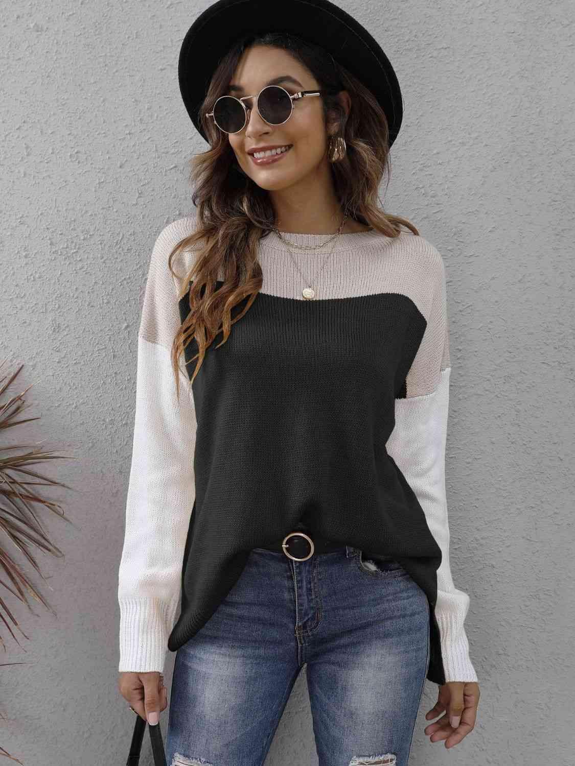 Fall Happiness Drop Shoulder Color Block Sweater - MXSTUDIO.COM