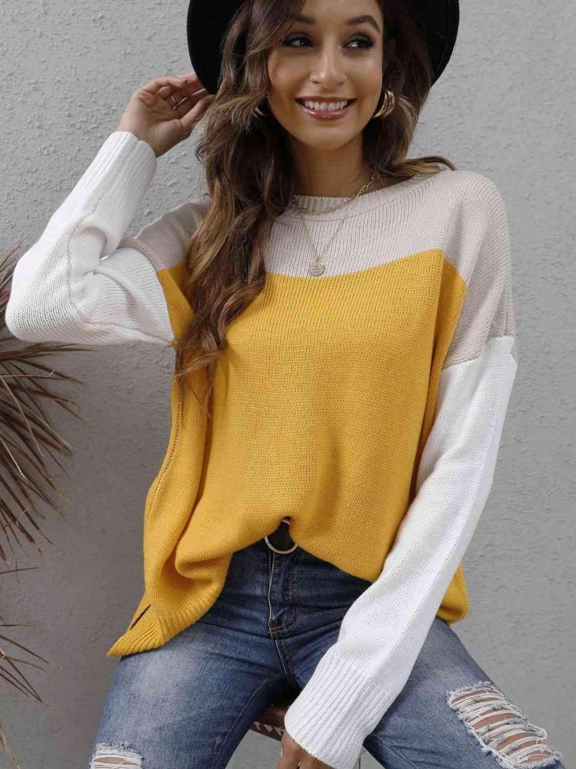 Fall Happiness Drop Shoulder Color Block Sweater - MXSTUDIO.COM