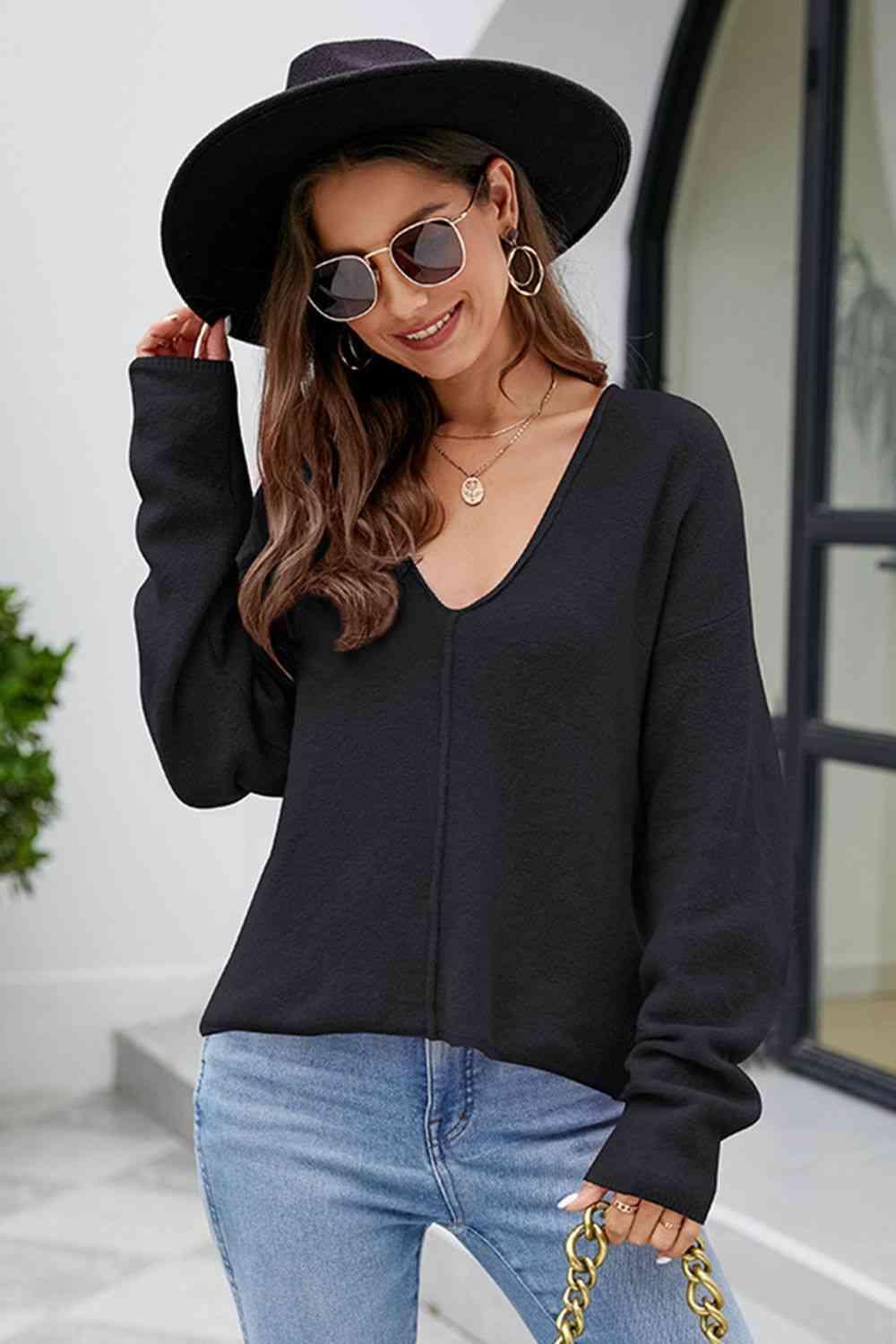 Fall Mode Long Sleeve V Neck Knit Sweater-MXSTUDIO.COM