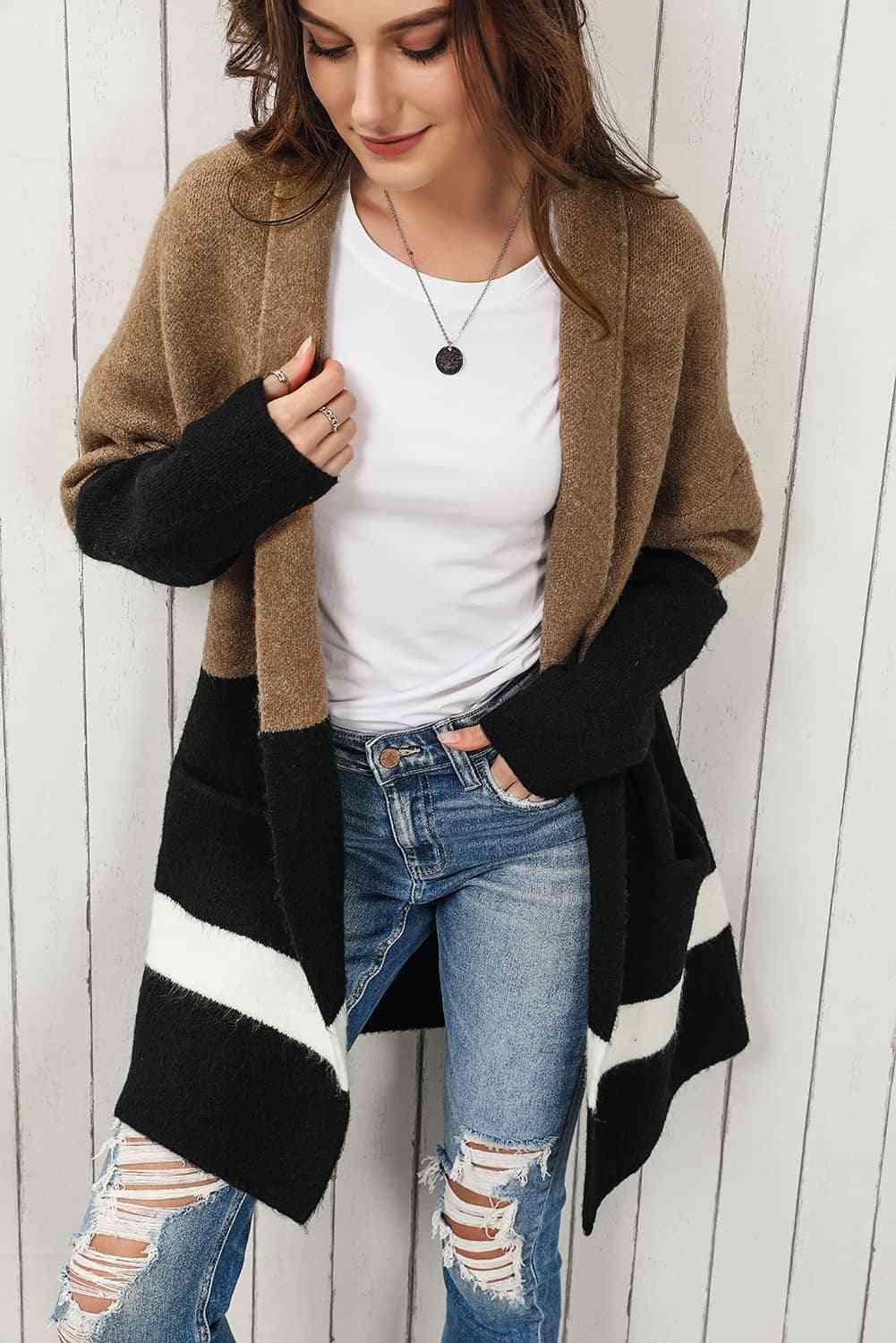 Fall Must-Have Open Front Color Block Long Cardigan - MXSTUDIO.COM