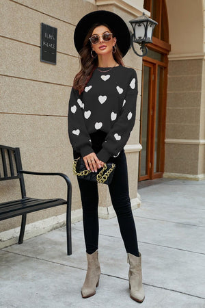 Fall Obsession Crew Neck Heart Pattern Sweater - MXSTUDIO.COM